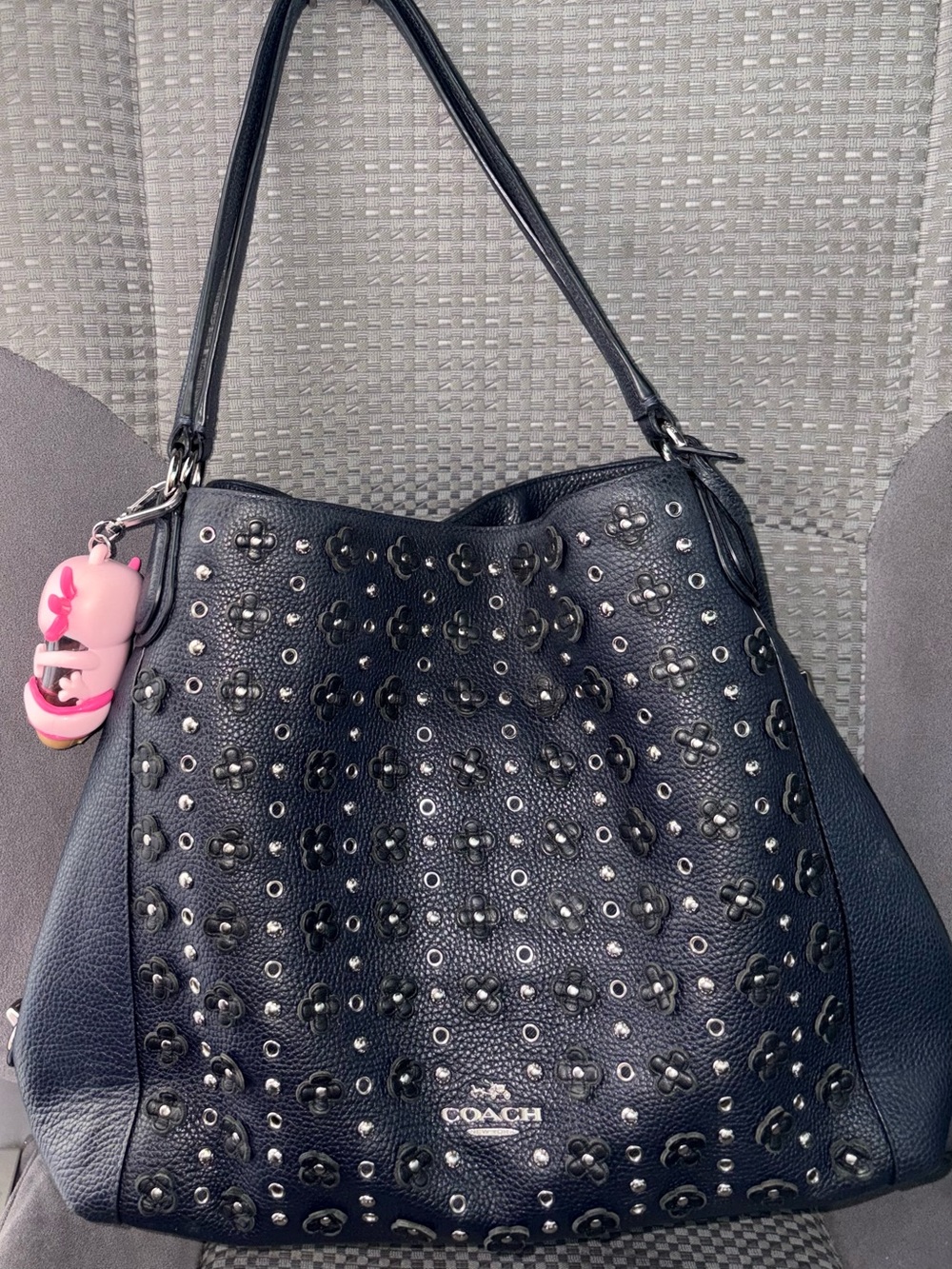 Coach Blue Pebbled Floral Rivets Leather Edie 31 Shoulder Bag
